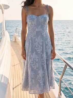 NWT LULU'S Loveliest Looks dusty blue jacquard tie strap midi dress L